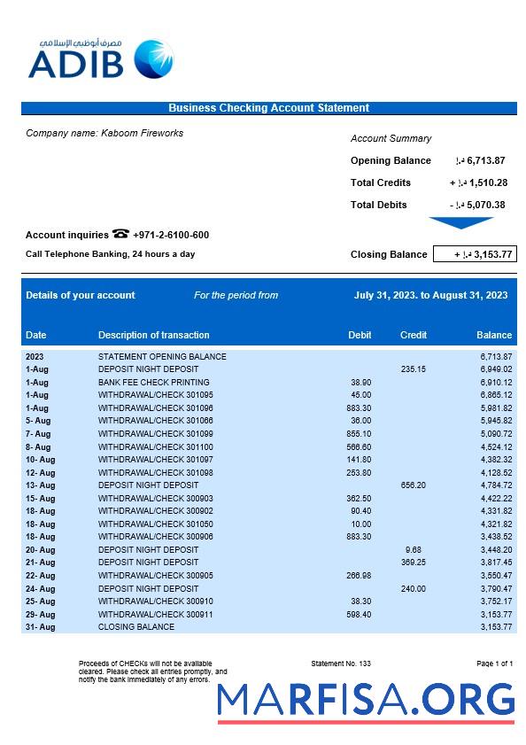 Realistic Abu Dhabi Islamic Bank company checking account statement Word and PDF template